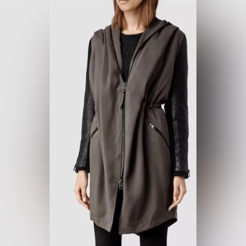 Good used Condition Black green/gray Allsaints cloak zipper hood, Leather Trim